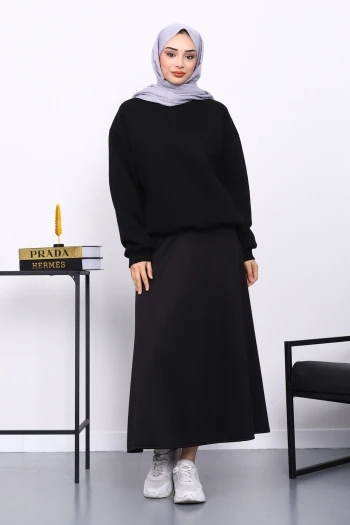 Siyah Bisiklet Yaka Şadonlu Üç iplik Sweat