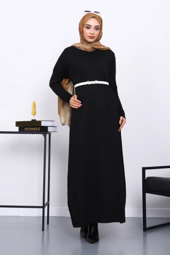 Siyah Bisiklet Yaka Triko Elbise