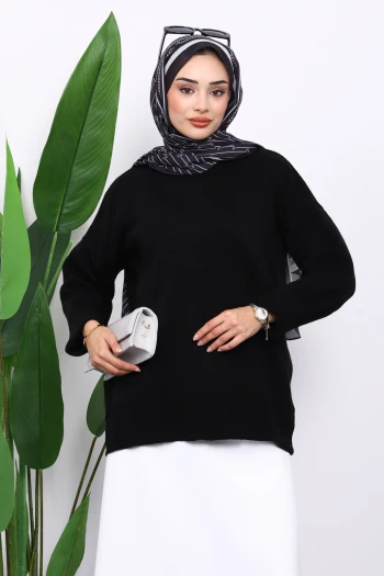 Siyah Bisiklet Yaka Yumuşak Dokulu Oversize Triko Kazak