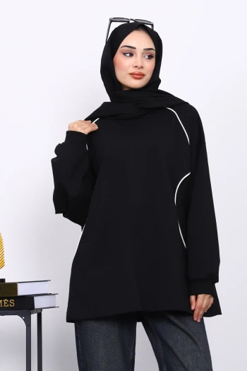 Siyah Biyeli İki İplik Sweatshirt