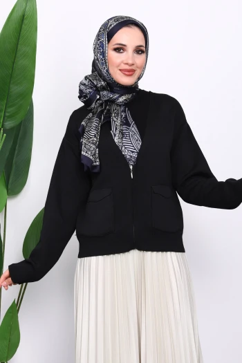 Siyah Çift Cepli Fermuarlı Triko Hırka