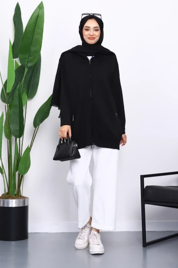 Siyah Çift Cepli Fermuarlı Triko Hırka