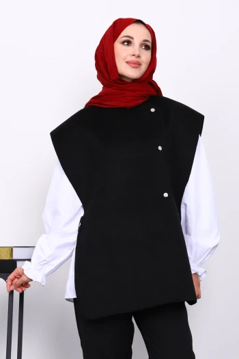 Siyah Çıtçıt Detaylı Kaşe Yelek