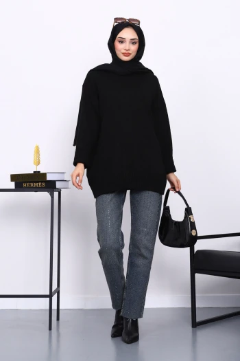 Siyah Dik Yaka Oversize Triko Kazak