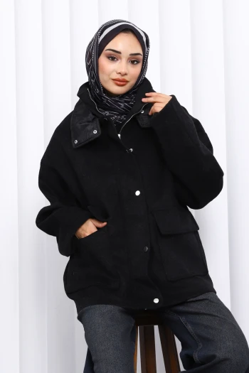 Siyah Fermuarlı Astarlı Oversize Kaşe Ceket