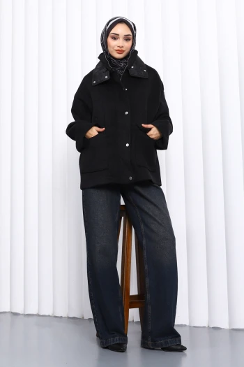 Siyah Fermuarlı Astarlı Oversize Kaşe Ceket