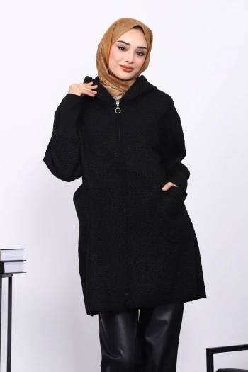 Siyah Fermuarlı Cepli Buklet Kaban