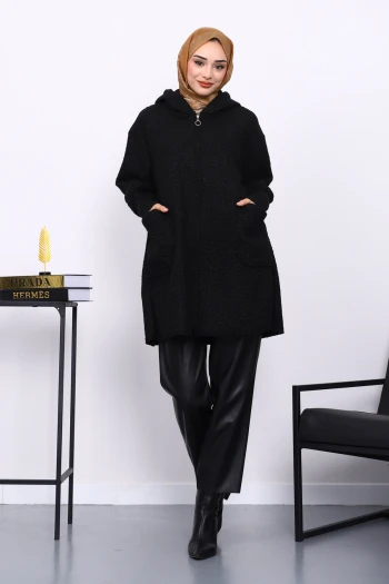 Siyah Fermuarlı Cepli Buklet Kaban