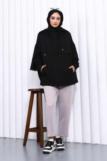 Siyah Fermuarlı Cepli İki İplik Oversize Sweat