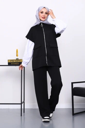 Siyah Fermuarlı Cepli Yelek Pantolonlu Scuba Takım