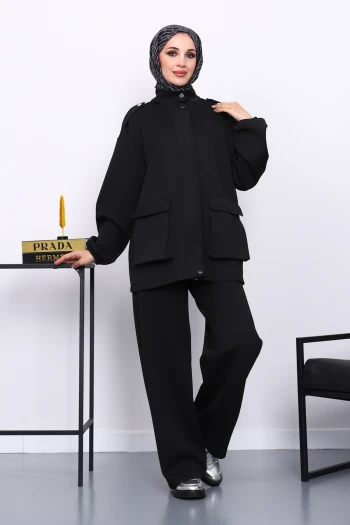 Siyah Fermuarlı Scuba Ceket Pantolonlu Takım
