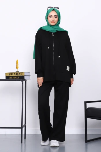 Siyah Fermuarlı Tunik Pantolonlu Takım