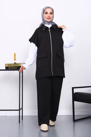 Siyah Fermuarlı Yelek Pantolonlu Scuba Takım