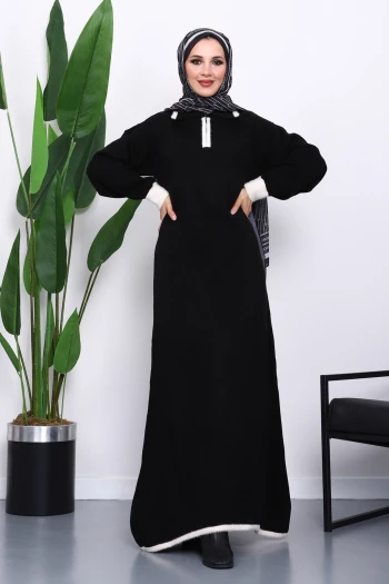 Siyah Gömlek Yaka Fermuarlı Triko Elbise