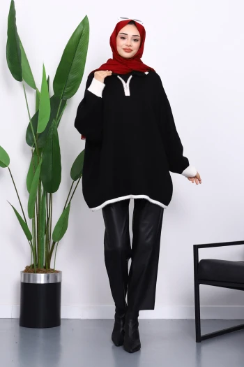 Siyah Gömlek Yaka Fermuarlı Triko Tunik