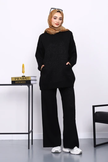Siyah Kapşonlu Kanguru Cepli Pantolonlu Triko Takım