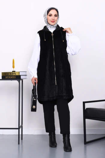 Siyah Kapşonlu Kürk yelek