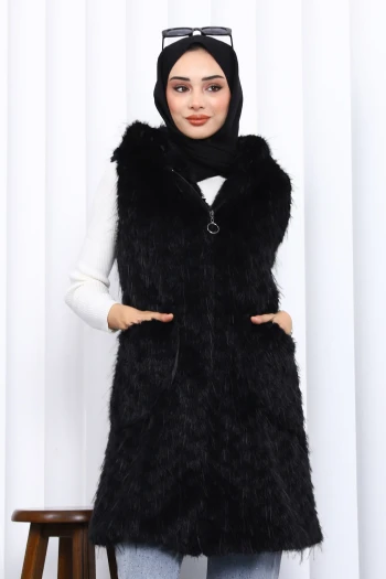 Siyah Kapüşonlu Astarlı Kürk Yelek