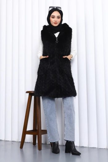 Siyah Kapüşonlu Astarlı Kürk Yelek