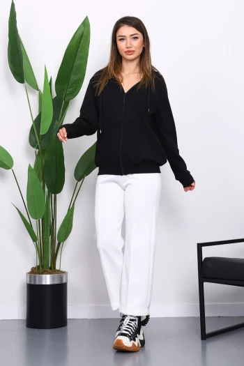 Siyah İçi Şardonlu Üç İplik Oversize Hırka