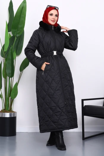 Siyah Kapüşonlu Kapitone Uzun Şişme Mont