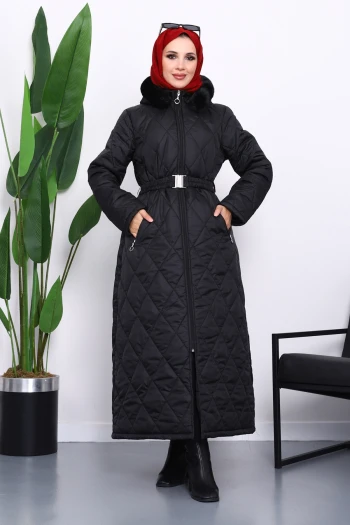 Siyah Kapüşonlu Kapitone Uzun Şişme Mont