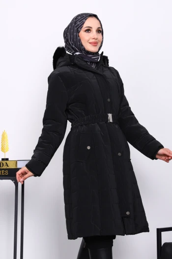 Siyah Kapüşonu Kürklü Uzun Şişme Mont