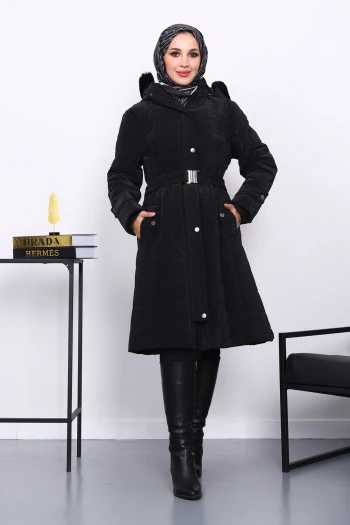 Siyah Kapüşonu Kürklü Uzun Şişme Mont