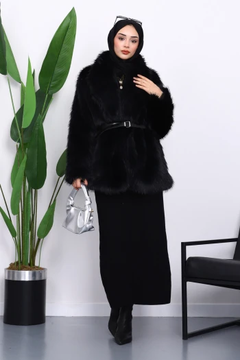 Siyah Kemerli Kısa Kürk Kaban