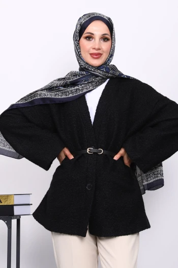 Siyah Kemerli Oversize Buklet Ceket