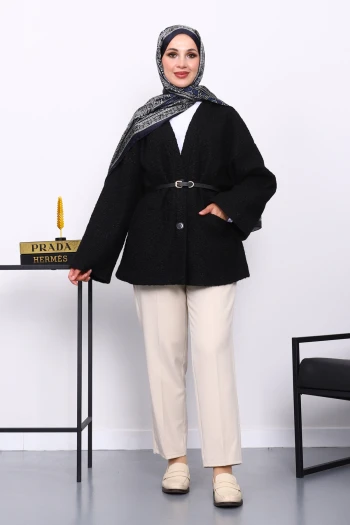 Siyah Kemerli Oversize Buklet Ceket