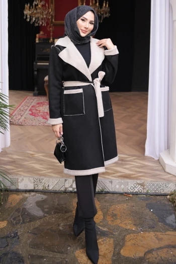 Siyah Kruvaze Yaka İçi Kürklü Süet Kaban