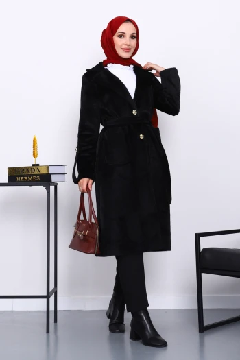 Siyah Kruvaze Yaka Kol Apoletli Angora Kaban