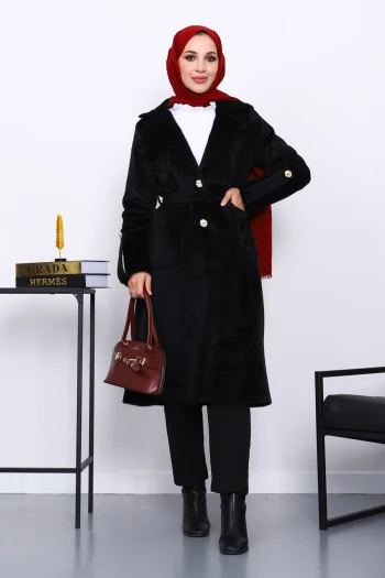 Siyah Kruvaze Yaka Kol Apoletli Angora Kaban