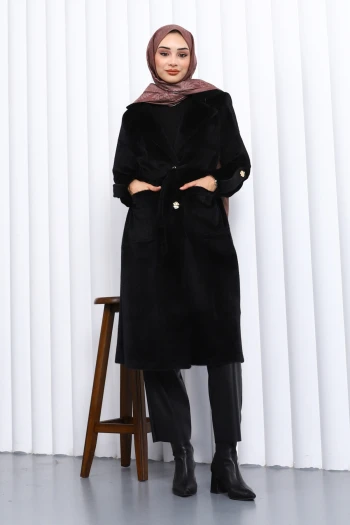 Siyah Kruvaze Yaka Kol Apoletli Angora Kaban