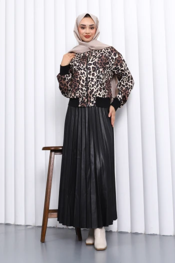 Siyah Leopar Desenli Ceket Etekli Takım