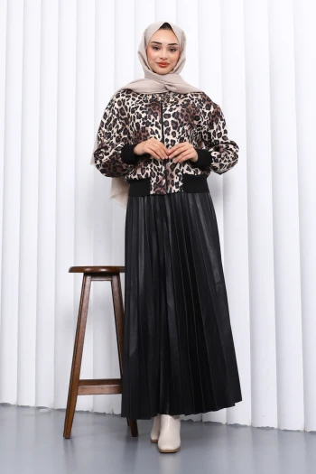 Siyah Leopar Desenli Ceket Etekli Takım