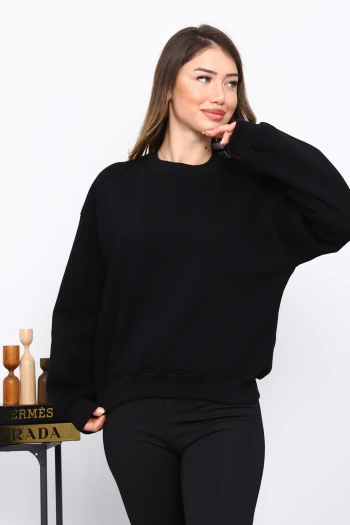 Siyah Omuz Parçalı Basic Üç İplik Sweat