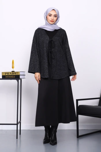 Siyah Ön Bağlamalı Yumoş Kimono