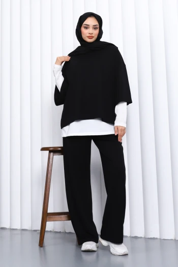 Siyah Tişört İçlik Pantolonlu Üçlü Kombin Takım