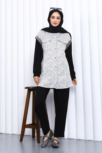 Siyah Tunik Yelek Pantolon Üçlü Takım