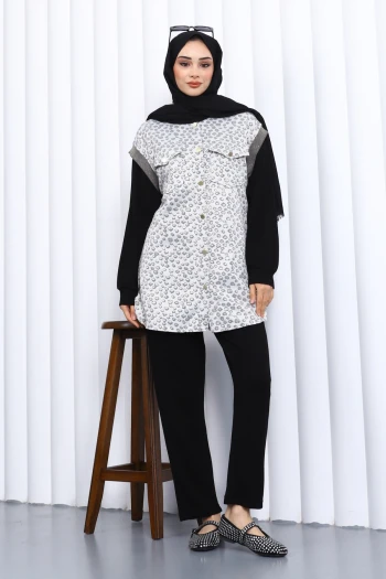 Siyah Tunik Yelek Pantolon Üçlü Takım