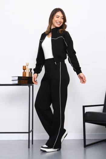 Siyah Üç İplik Sweat Hırka Pantolonlu Takım