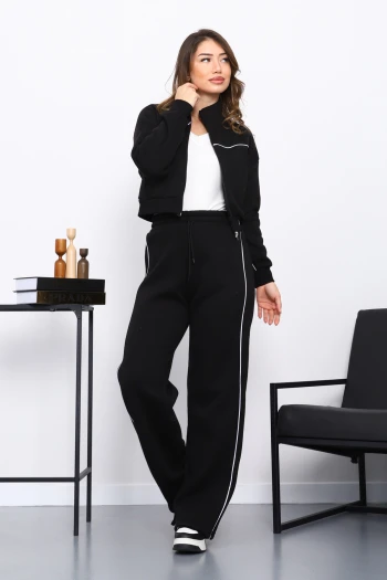 Siyah Üç İplik Sweat Hırka Pantolonlu Takım