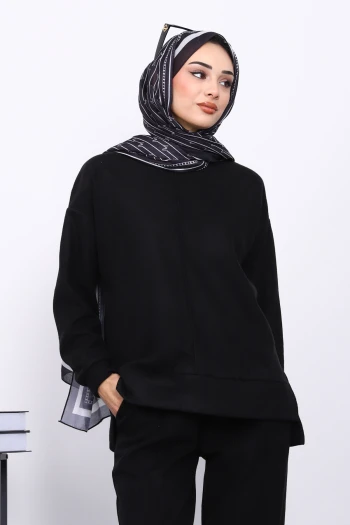 Siyah Üst ve Pantolonu Nervür Dikişli Selanik Takım