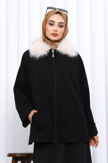 Siyah Yaka Kürk Detaylı Süet Ceket