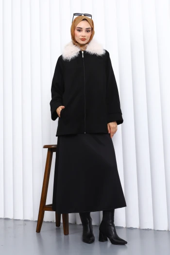 Siyah Yaka Kürk Detaylı Süet Ceket