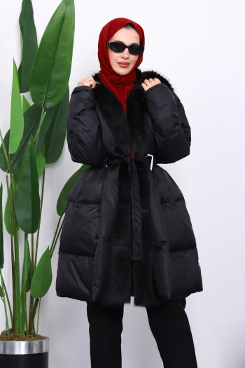 Siyah Yaka Kürklü Kemer Detaylı Şişme Mont