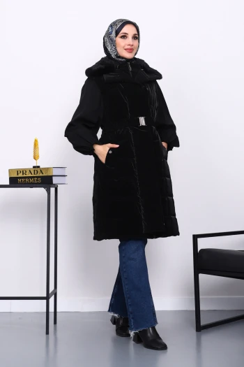 Siyah Yaka Kürklü Lastik Kemerli Uzun Şişme Yelek