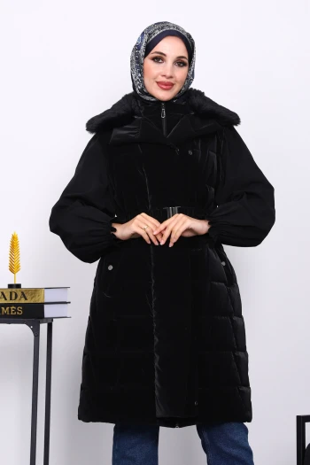 Siyah Yaka Kürklü Lastik Kemerli Uzun Şişme Yelek